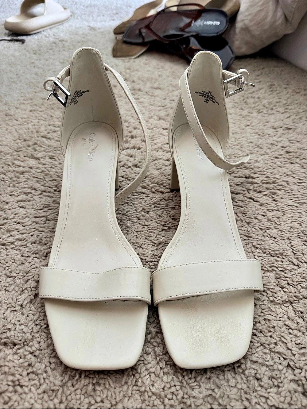 Calvin Klein Pazey Block Heel Square Toe Dress Sandal Pazey White Block Heel